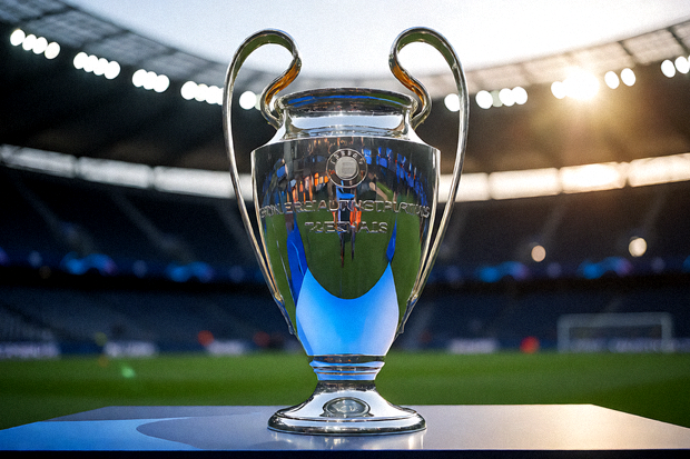 欧冠赛事奖杯在球场灯光下的特写画面